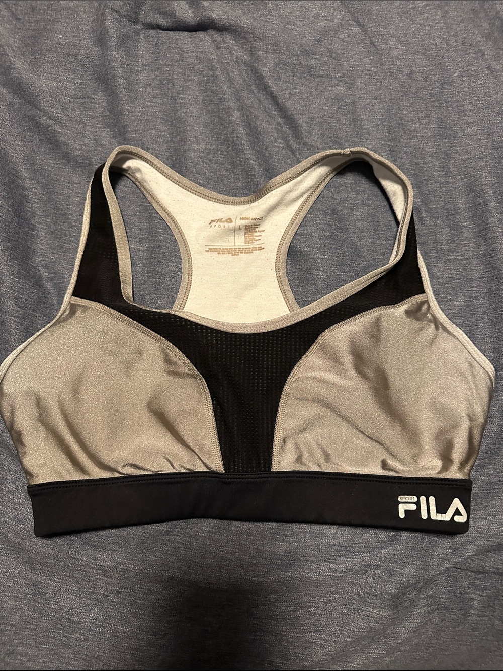 Fila Silver and Black Racerback Performance Sports Bra. High impact.